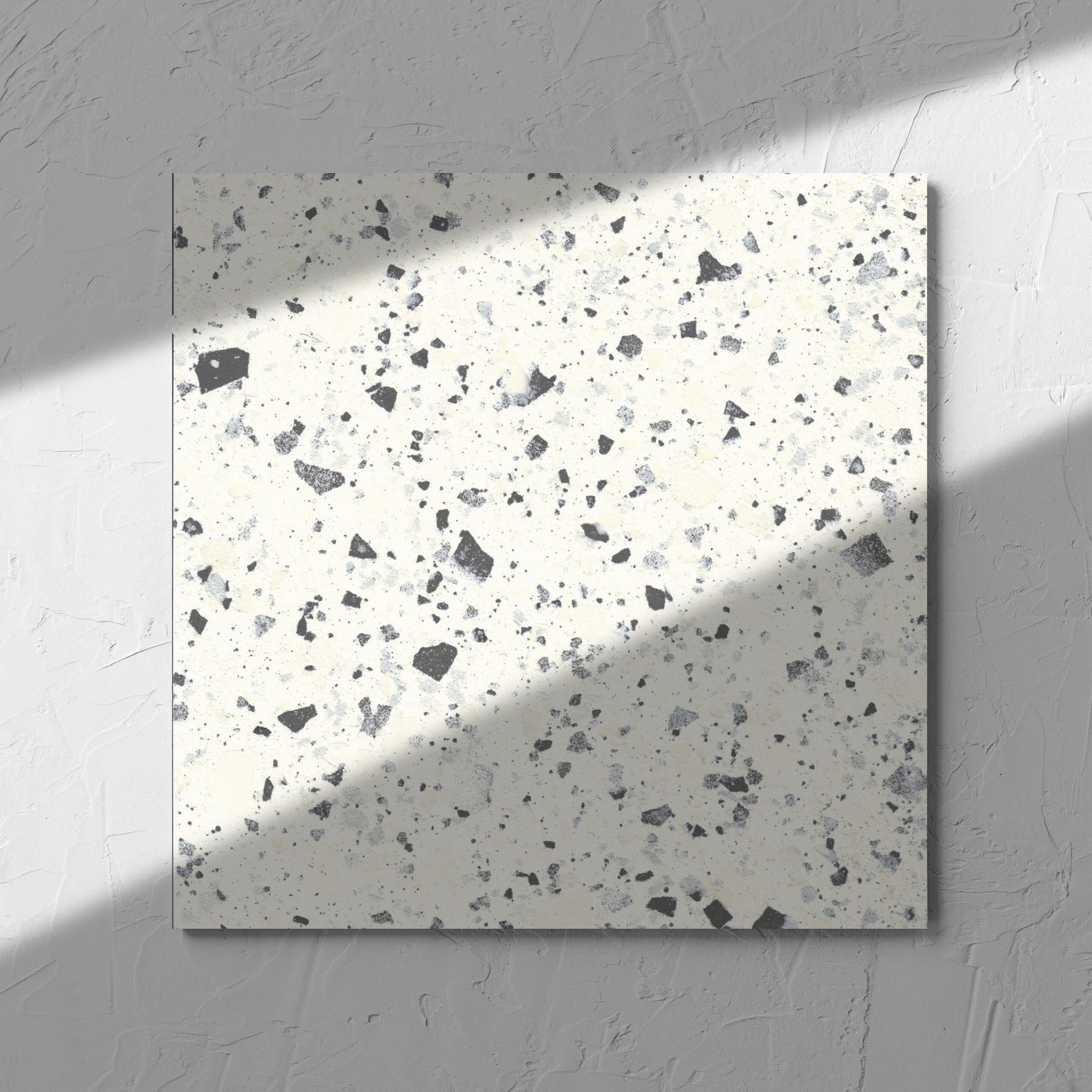 Venice White 300x300mm Matt Terrazzo Tile in soft natural window light, showing the white matt surface
