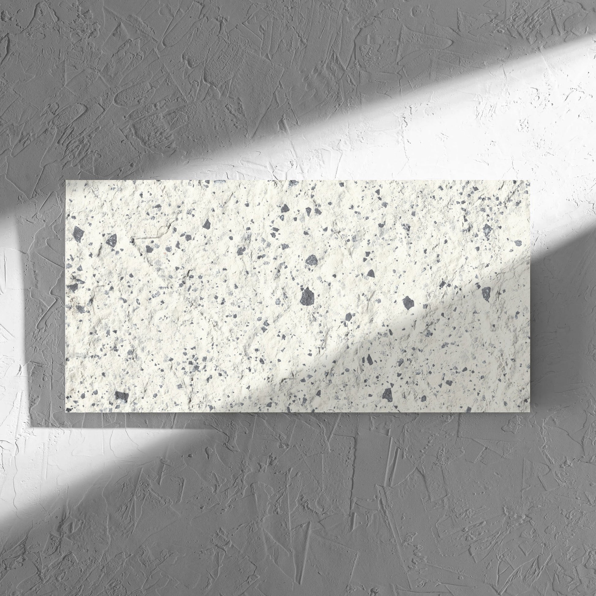 Venice White 300x600mm Matt Terrazzo External Tile in soft natural window light, showing the white matt surface