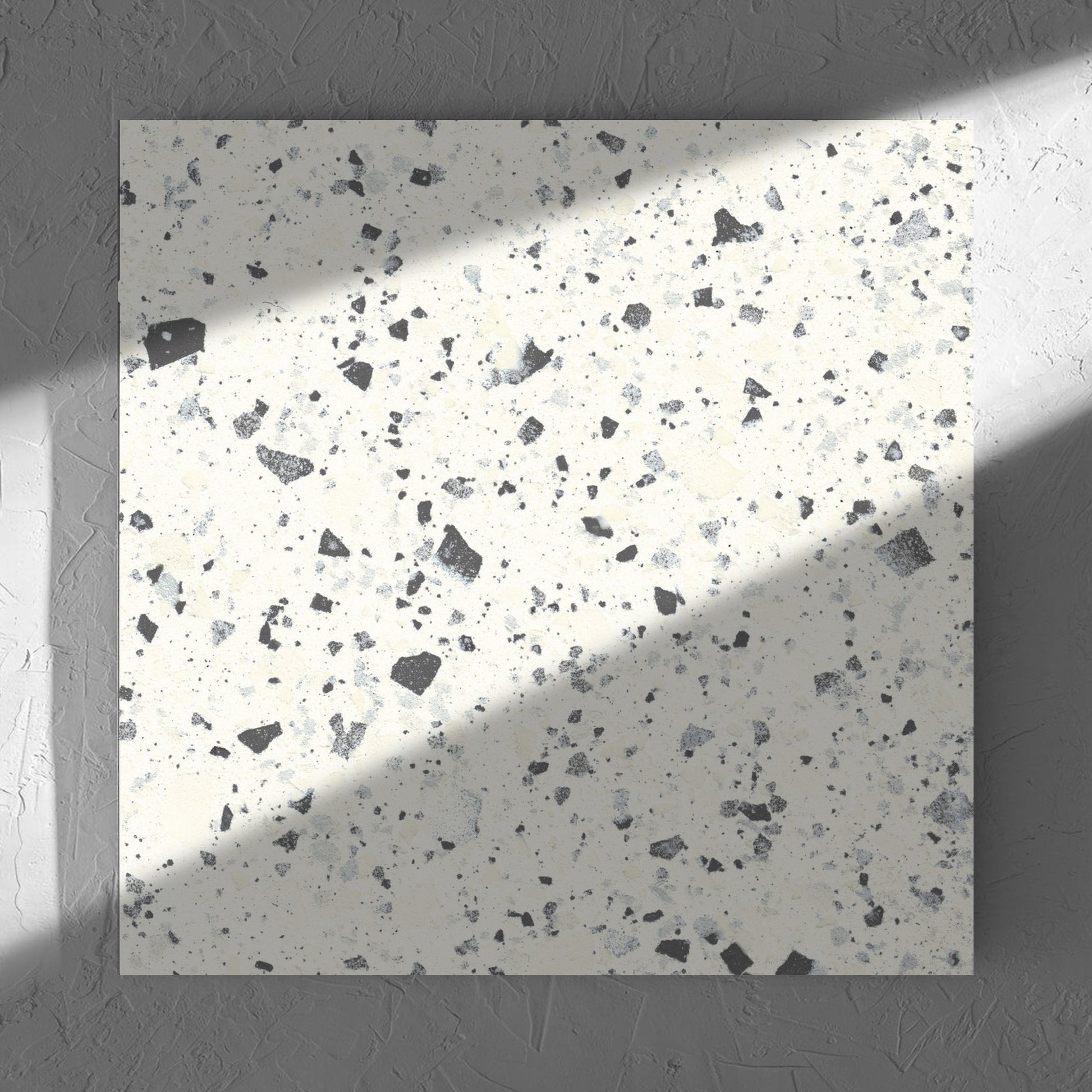 Venice White 600x600mm Matt Terrazzo Tile in soft natural window light, showing the white matt surface