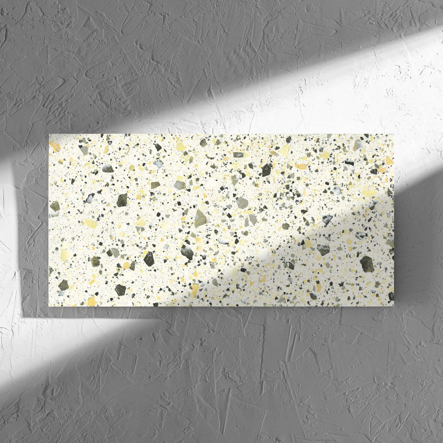 Venice Yellow 300x600mm Matt Terrazzo Tile in soft natural window light, showing the yellow matt surface