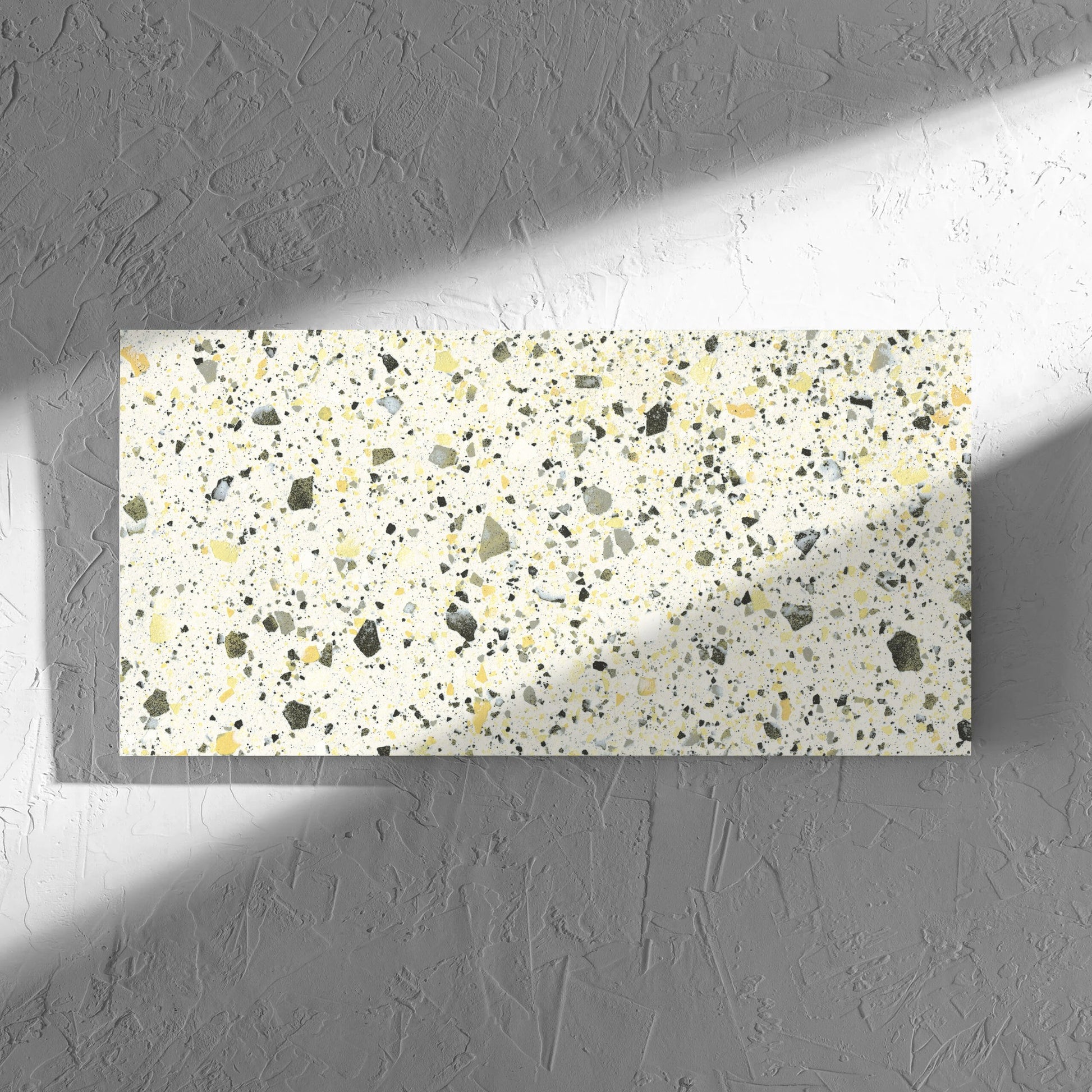Venice Yellow 300x600mm Matt Terrazzo Tile in soft natural window light, showing the yellow matt surface