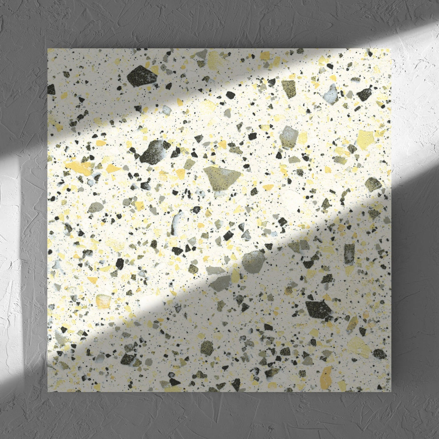 Venice Yellow 600x600mm Matt Terrazzo Tile in soft natural window light, showing the yellow matt surface