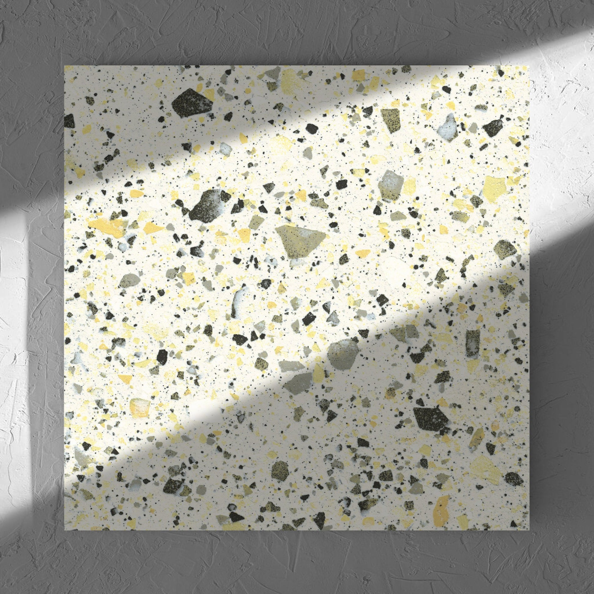 Venice Yellow 600x600mm Matt Terrazzo Tile in soft natural window light, showing the yellow matt surface