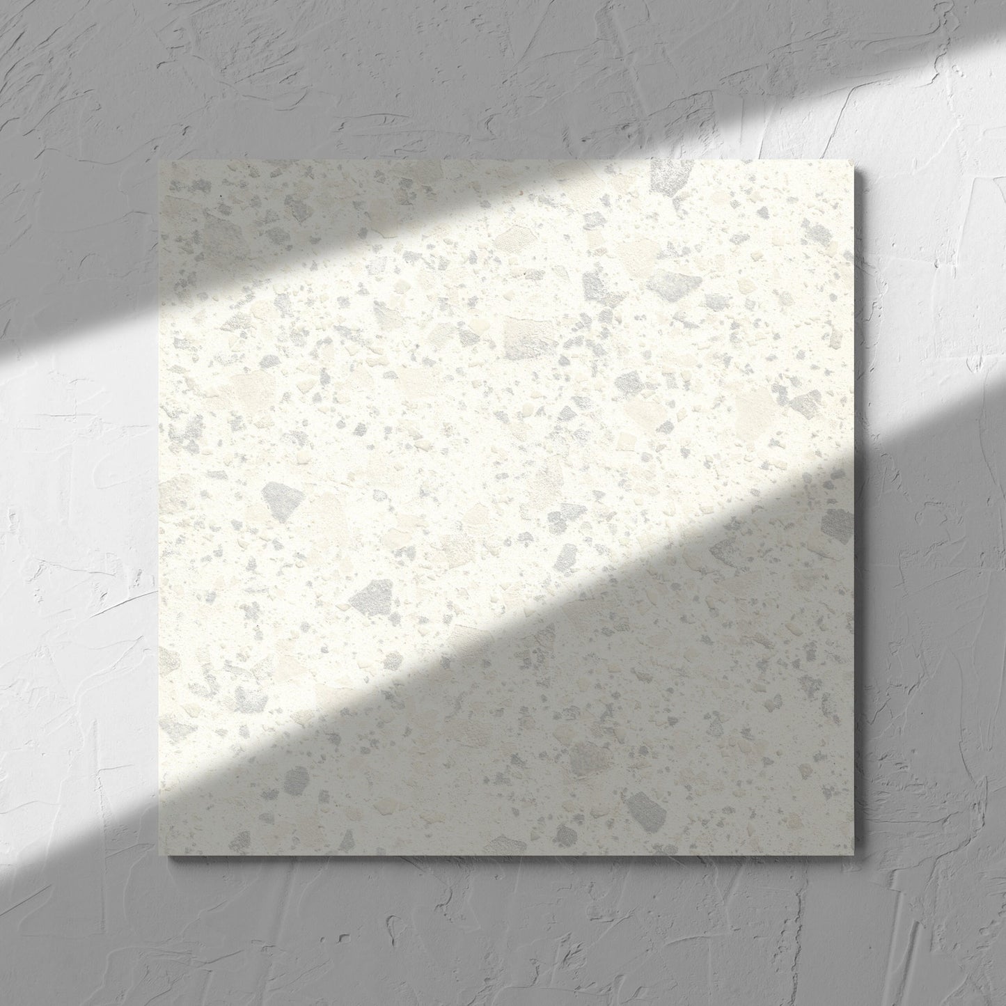 Venice Zinc 300x300mm Matt Terrazzo Tile in soft natural window light, showing the zinc matt surface