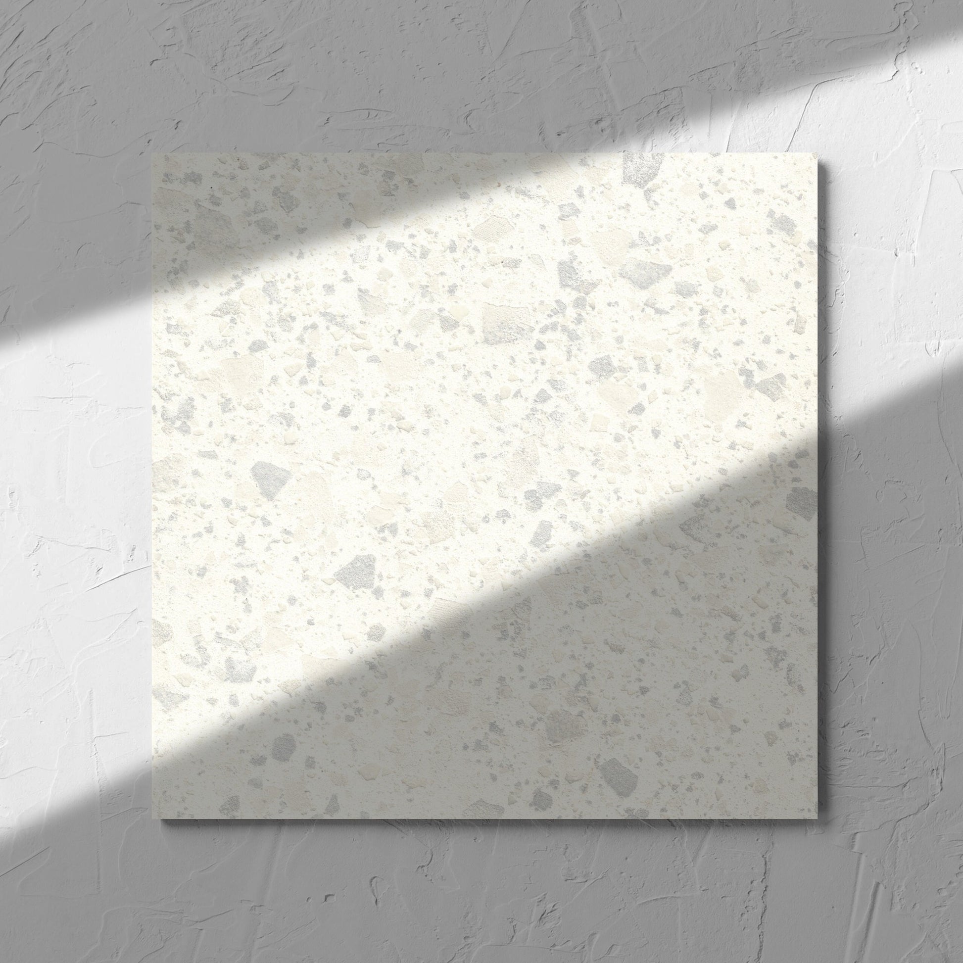 Venice Zinc 300x300mm Matt Terrazzo Tile in soft natural window light, showing the zinc matt surface