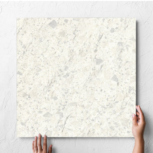 Hand holding a single Venice Zinc 600x600mm Matt Terrazzo External Tile against a white rendered wall, showing the zinc matt surface