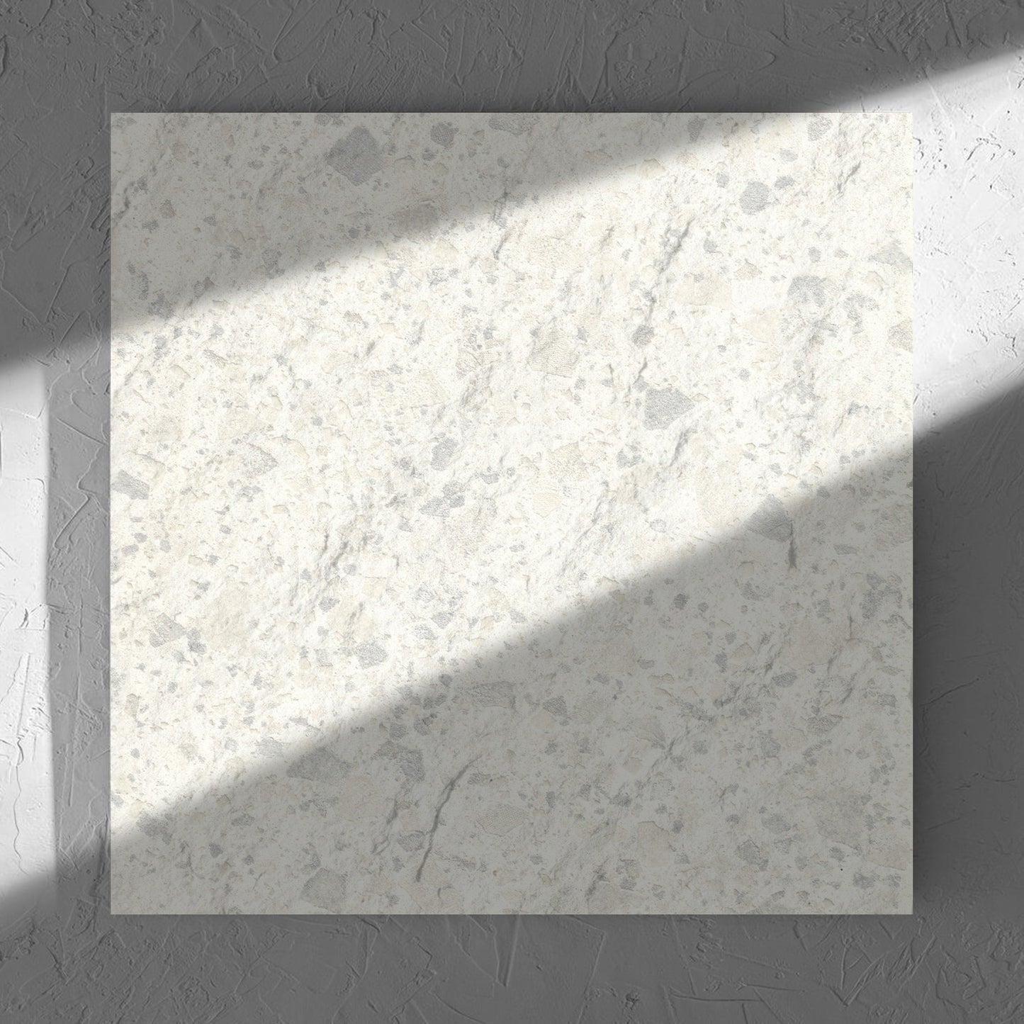 Venice Zinc 600x600mm Matt Terrazzo External Tile in soft natural window light, showing the zinc matt surface