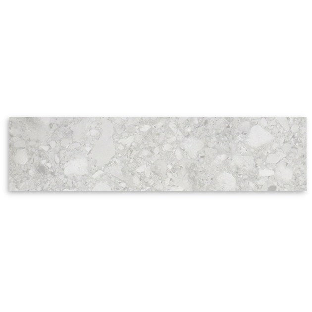 Vision White Matt 75x300mm single tile showing a light grey terrazzo-effect matt surface with mixed aggregate stone fragments on a white background.