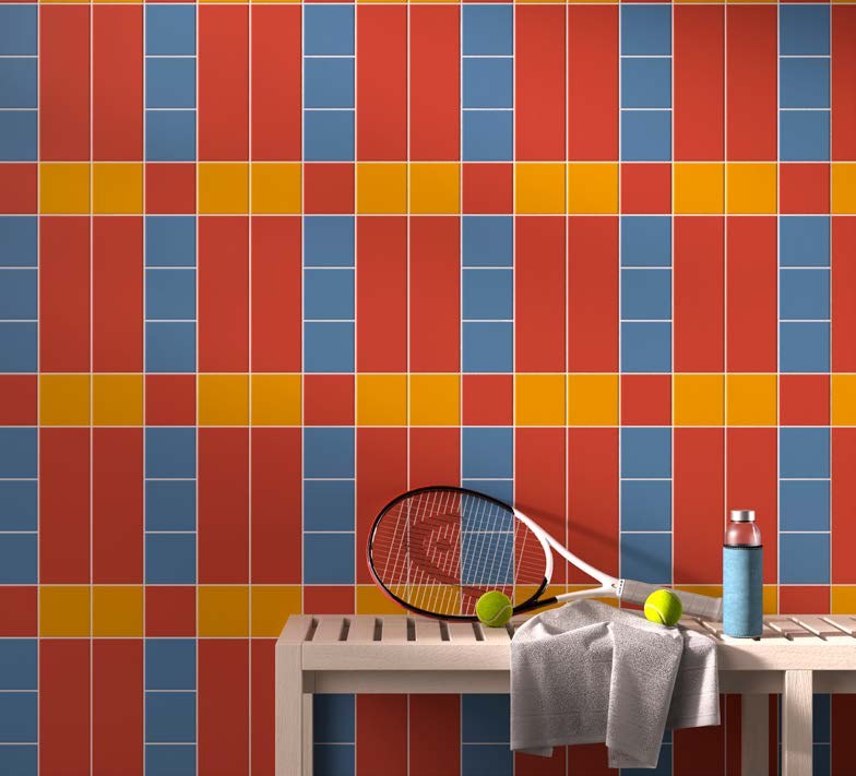 VitrA Color2.0 Coral, Azure Blue, Turmeric Yellow mosaic gym wall