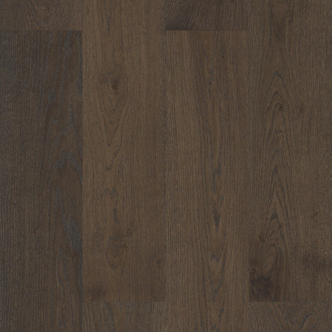 Close-up texture shot of Walnut Classique Oak Flooring 14/2mm showing dark grey-brown wood grain with natural knots and fine linear detail.