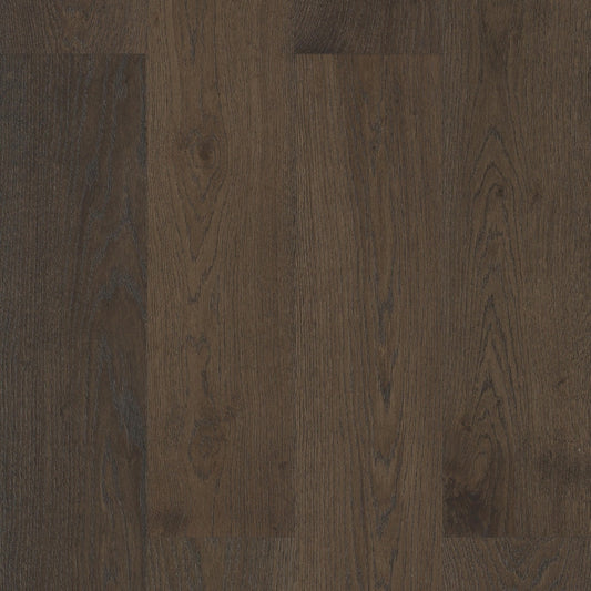 Close-up texture shot of Walnut Classique Oak Flooring 14/2mm showing dark grey-brown wood grain with natural knots and fine linear detail.