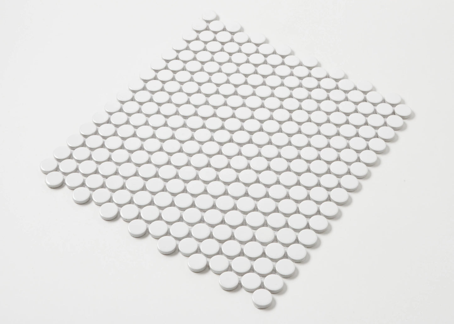 White Gloss Diameter Glazed Porcelain Penny Round 19mm tiles arranged in a diamond-shaped mosaic sheet showing glossy circular white ceramic pieces on a white background.
