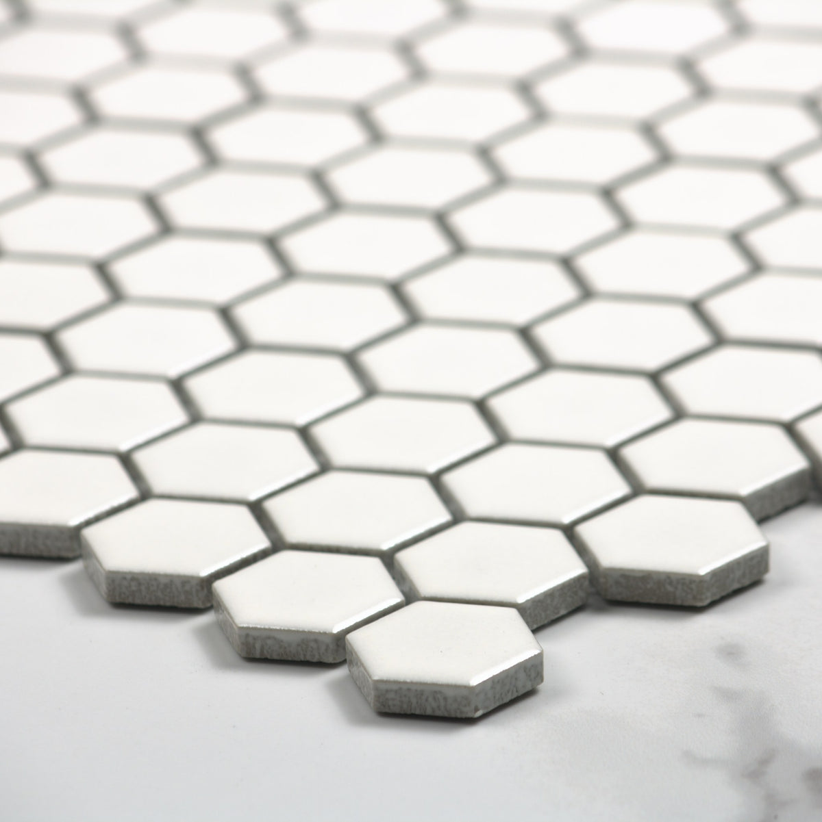 White Matt Porcelain Glazed Hexagon 23mm angle view