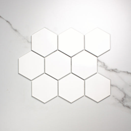 White Gloss Porcelain Glazed Hexagon 95x110mm top view