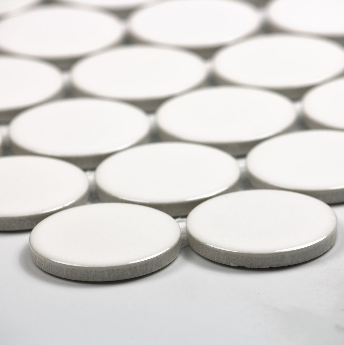 White Gloss Porcelain Glazed Penny Round 48mm angle view