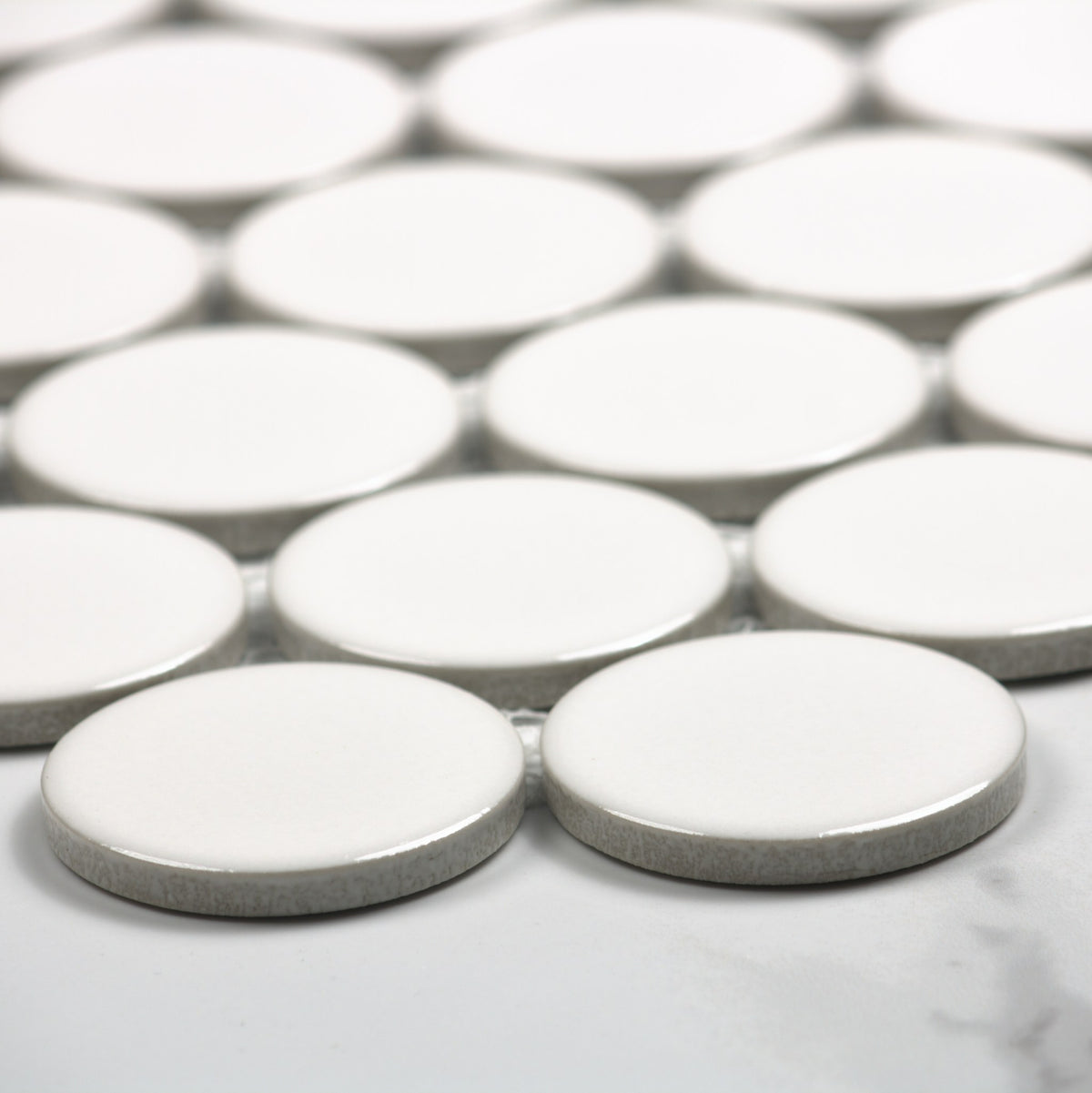 White Gloss Porcelain Glazed Penny Round 48mm angle view