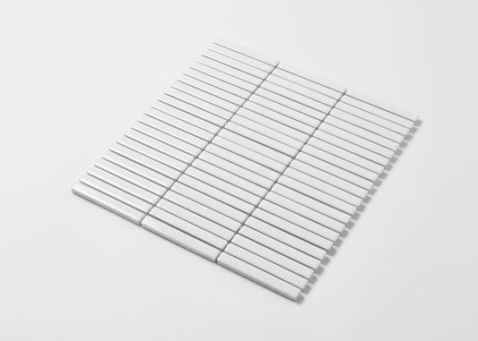 A single mesh-backed sheet of White Gloss Porcelain KitKat 12x92mm tiles arranged in parallel rows on a white background.