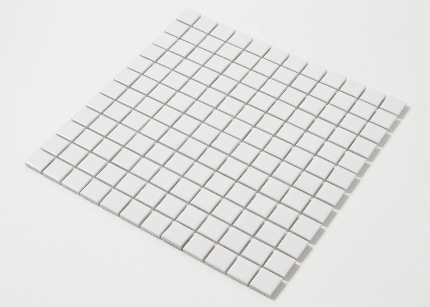 A single sheet of White Matte Porcelain Glazed 23x23mm Square mosaic tiles arranged in a uniform grid with subtle grey grout lines on a white background.