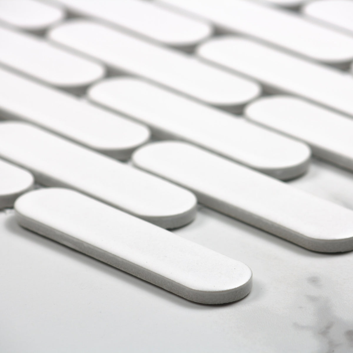 White Matt Round Head Finger Glazed Mosaic 23x93mm angle view