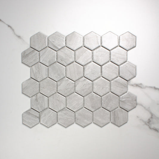 Wooden Grey Matt Porcelain Glazed Hexagon 51x59mm top view