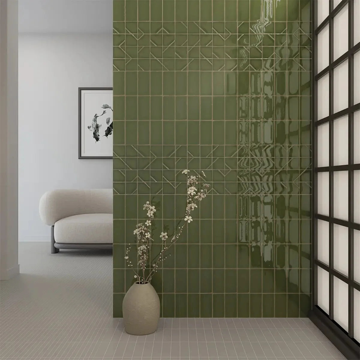Yoko Moss Gloss 62.5x125mm tiles covering a glossy green feature wall beside a shoji-style window, styled with a ceramic vase and dried florals.